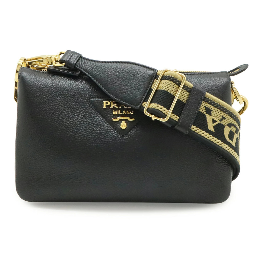 Prada Vitello Daino Shoulder Bag Striped Clutch Leather NERO Black